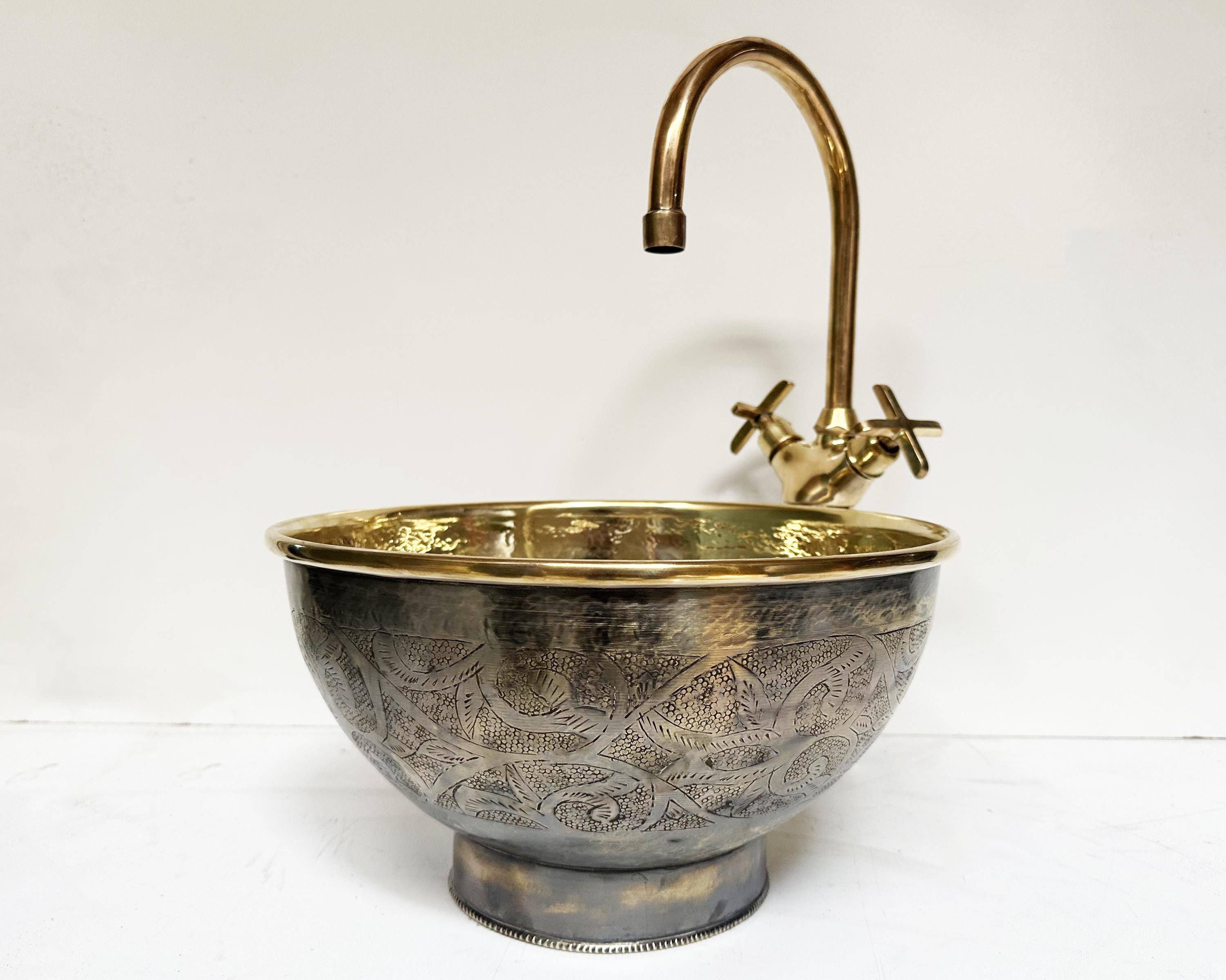 Engraved Brass Bathroom Vessel Sink, Round Aged Brass Vessel Sink, Round Brass Wash Basin