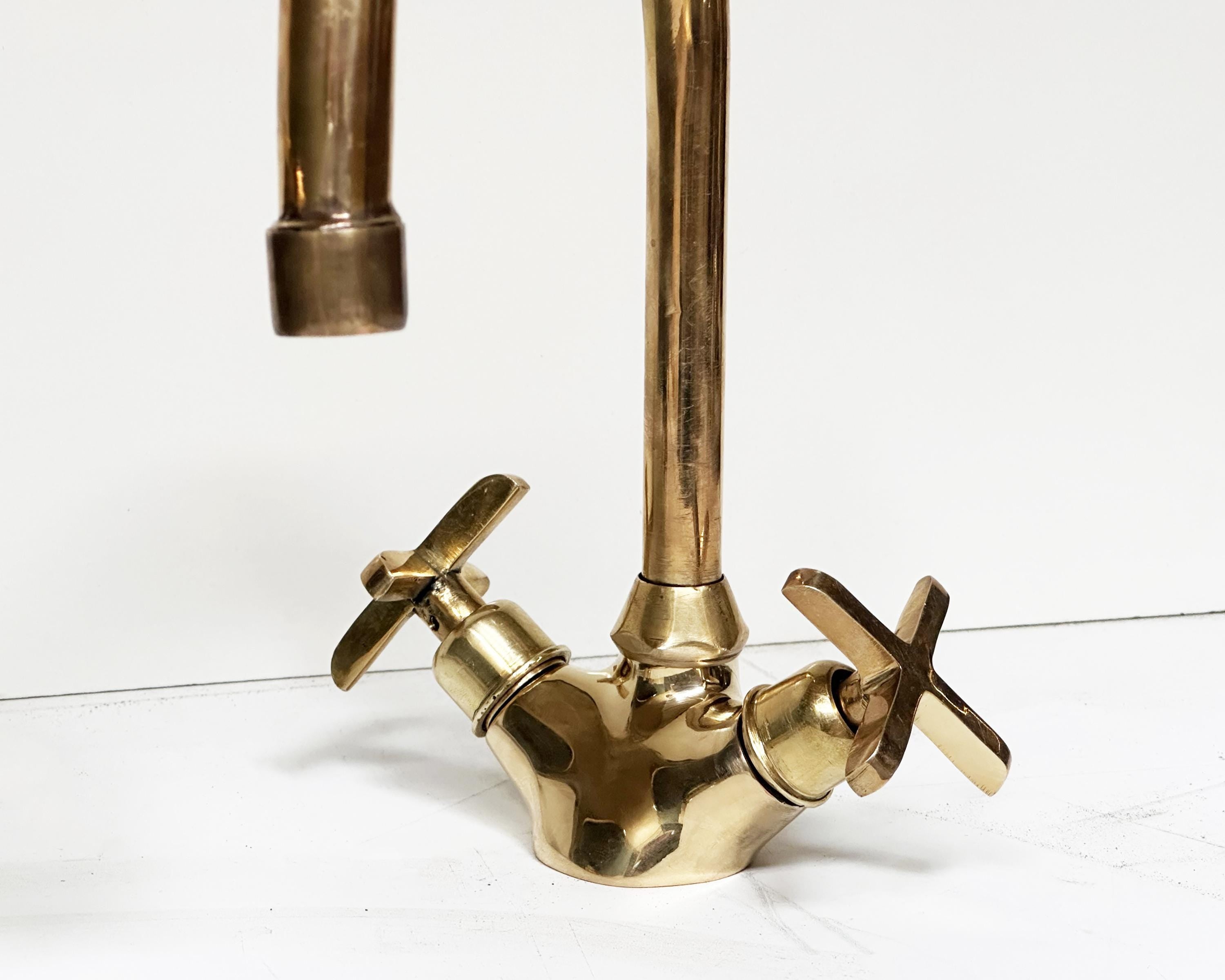 Solid brass Gooseneck faucet, Unlacquered Brass Bathroom Faucet, Cross Handles Brass Faucet