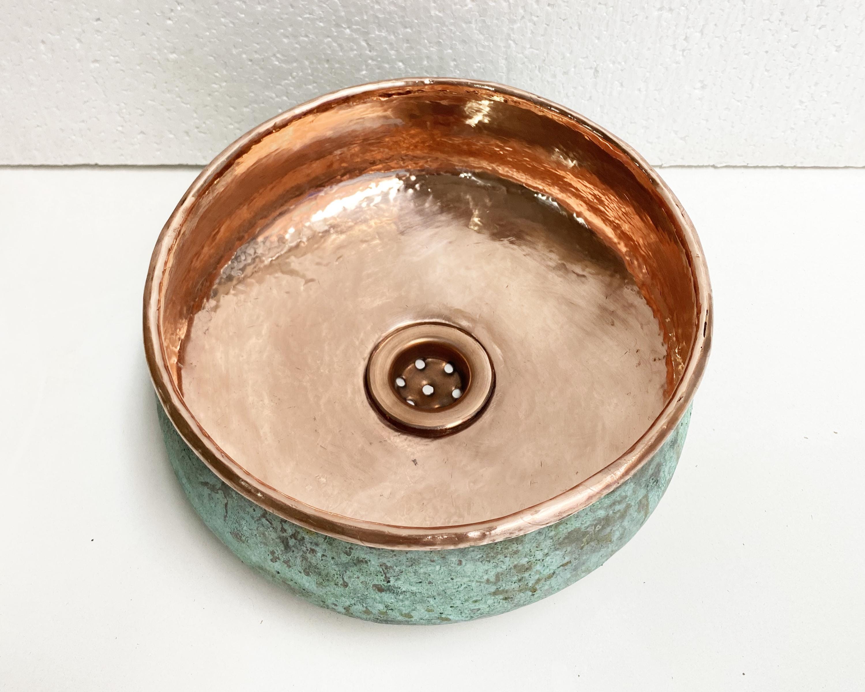 Oxidized Copper Sink Bathroom , Green Patina Copper Washbasin, Hammered Copper Vessel Sink With Unlacquered Bathroom Brass Faucet