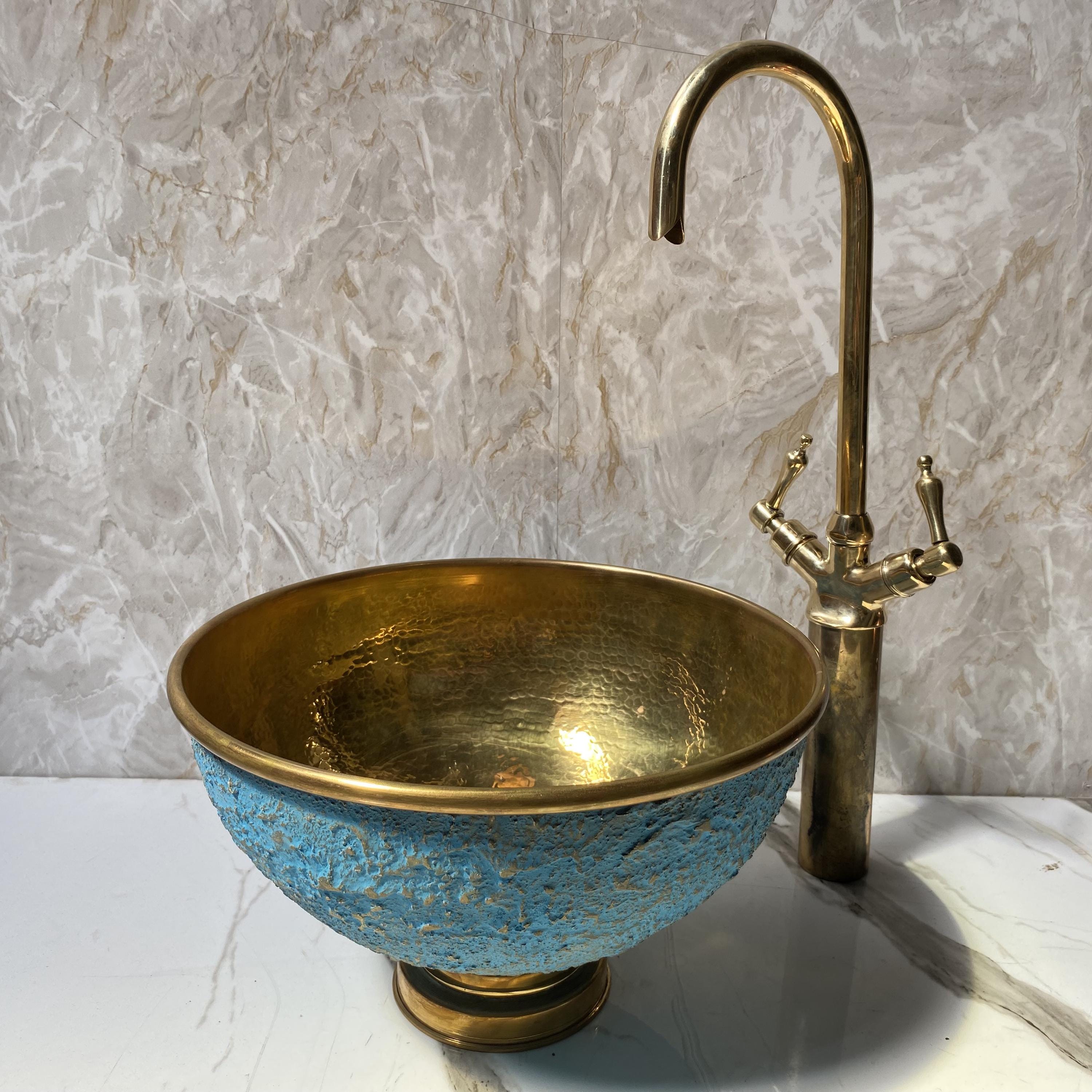 Blue Patina Vessel Sink With Brass Faucet