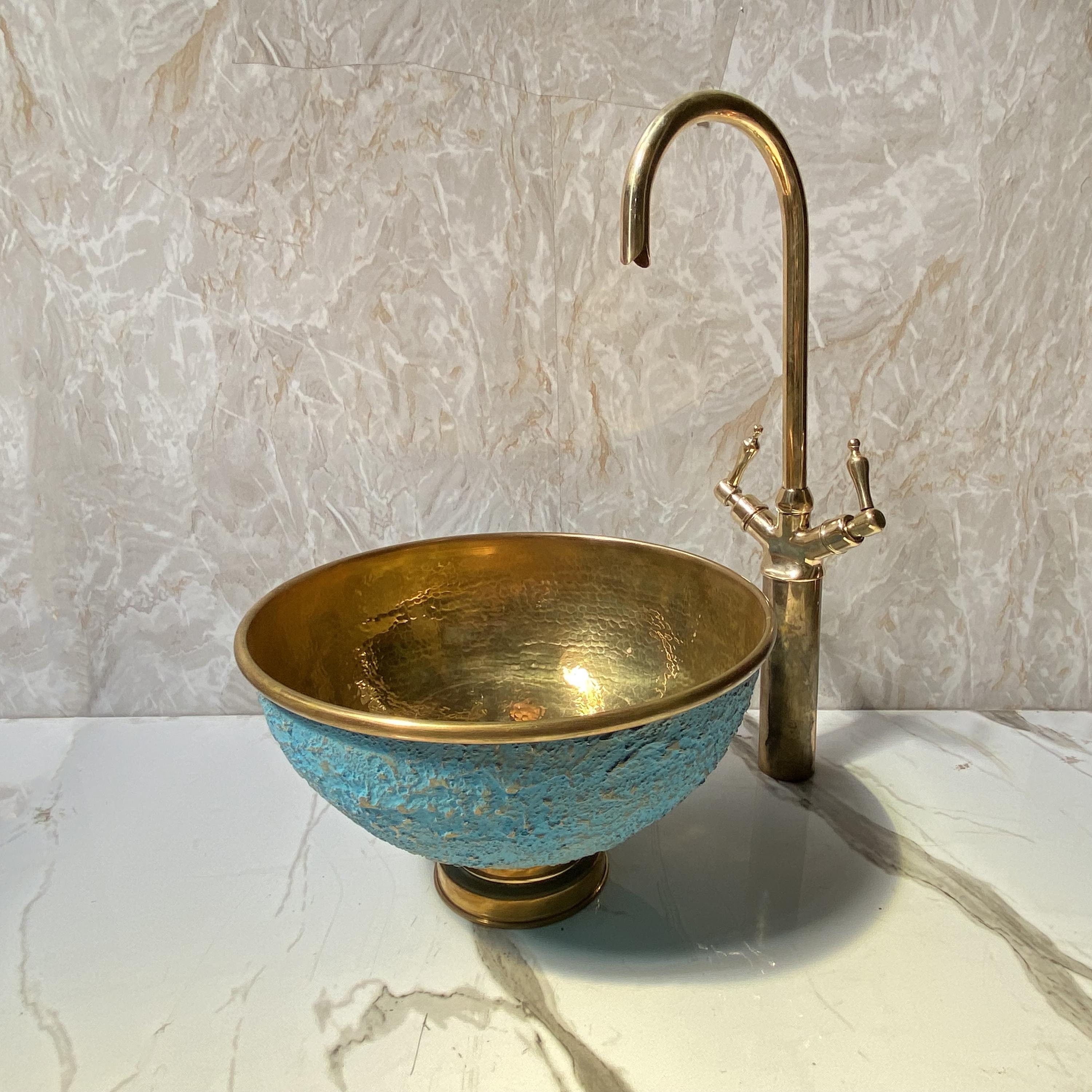 Blue Patina Vessel Sink With Brass Faucet