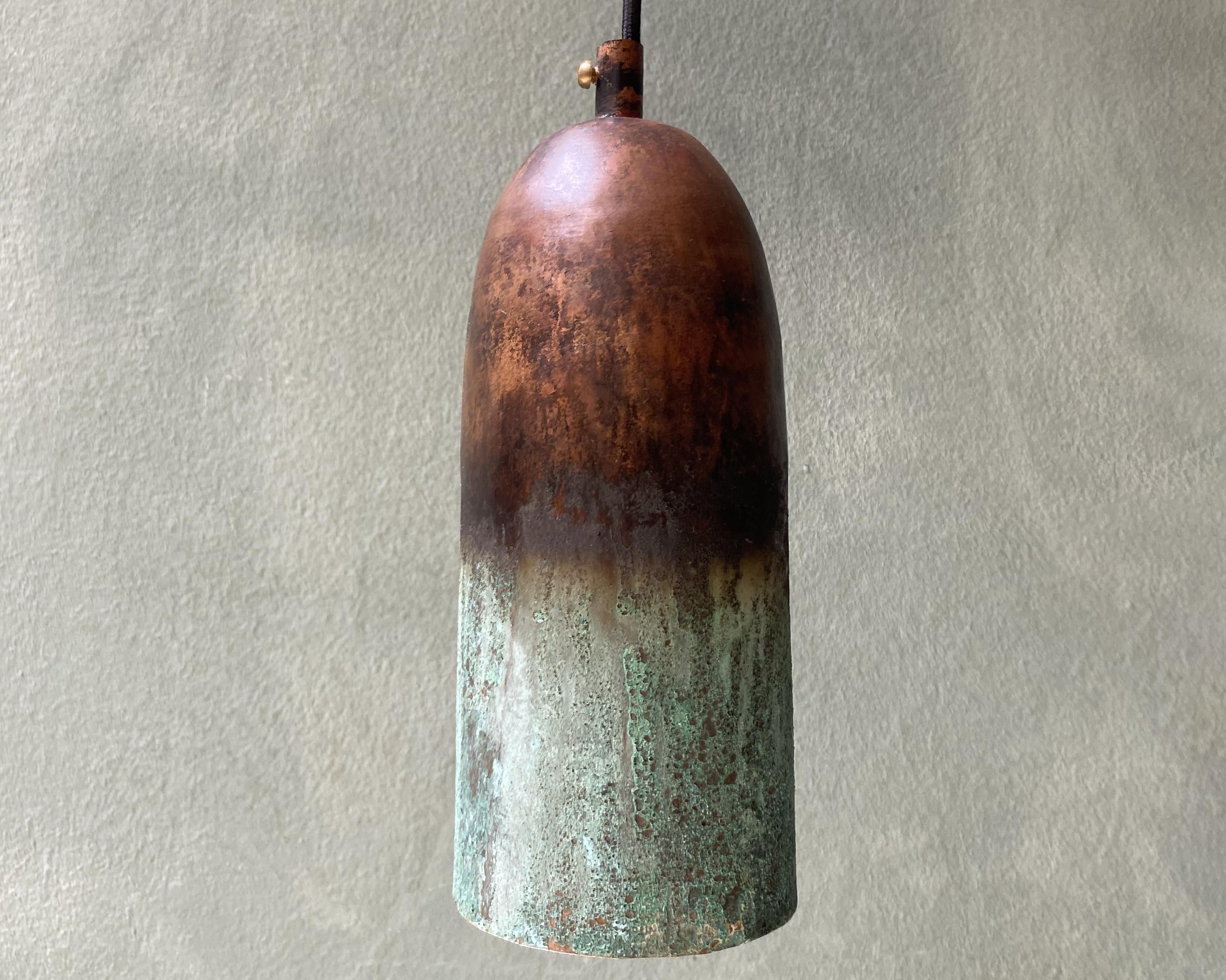 Oxidized Copper Pendant Light, Green Patina Farmhouse Light Fixture, Long Copper Pendant Lamp