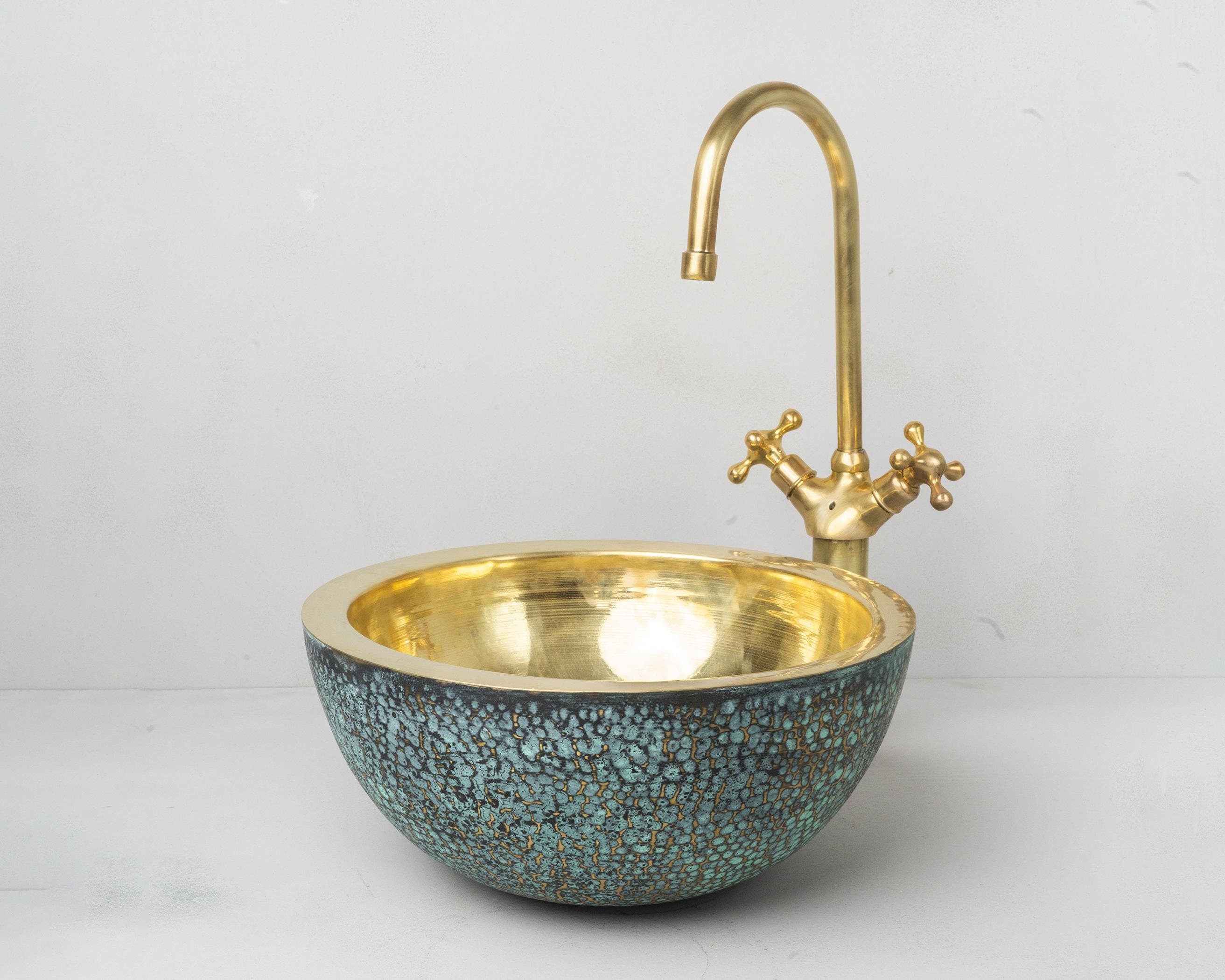 Hammered Brass Vessel Sink For Bathroom, Blue Patina Brass Sink