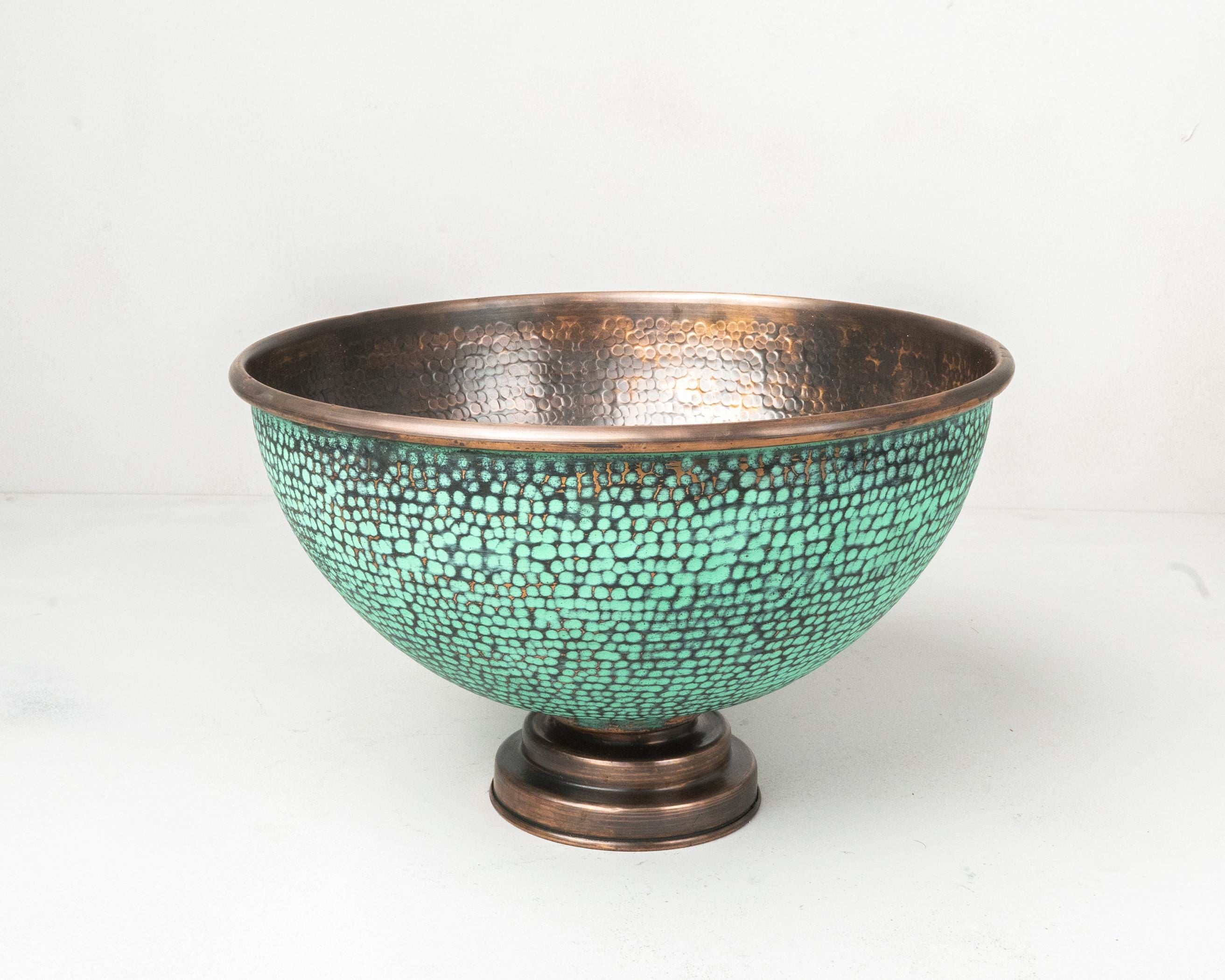 Handcrafted Hammered Copper Vessel Sink, Green Patina Copper Round Counter Top Basin