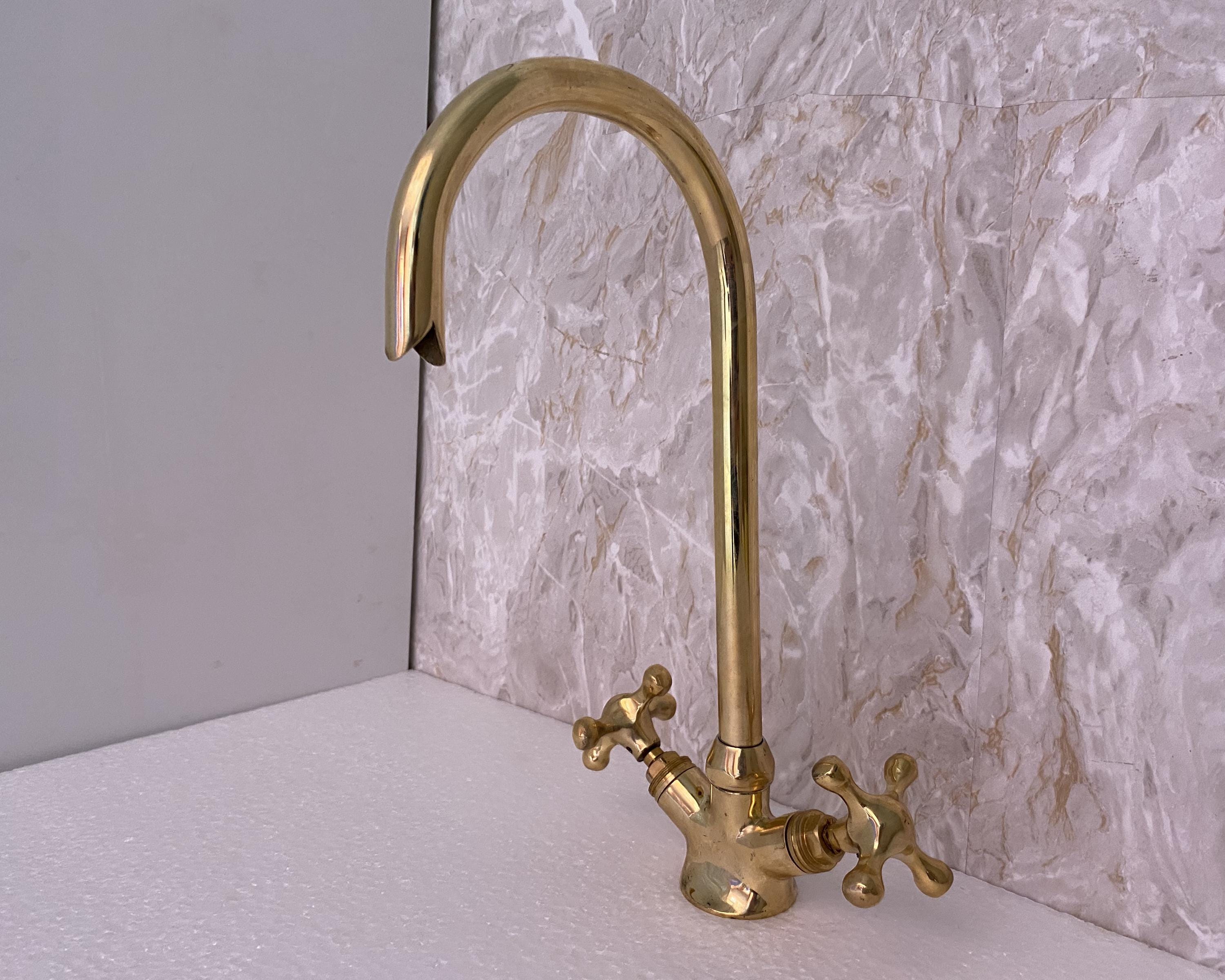 Unlacquered Brass Faucet, Solid Brass Faucet, Goose Neck Kitchen Brass Faucet with Cross Handles