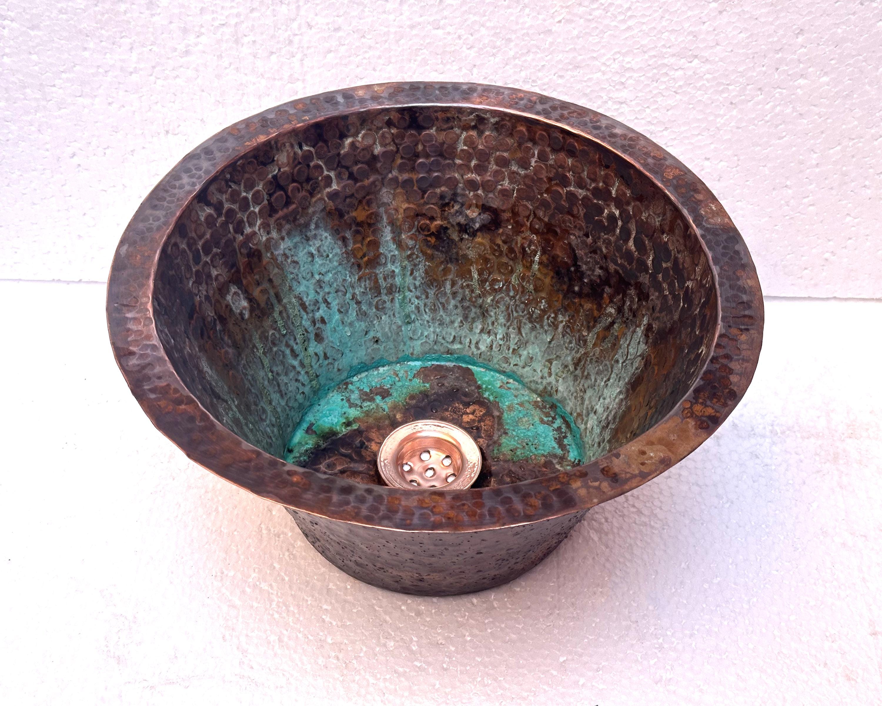 Hammered Oxidized Copper Drop In Sink, Solid Copper Round Bar Sink, Undermount Green Patina Copper Sink