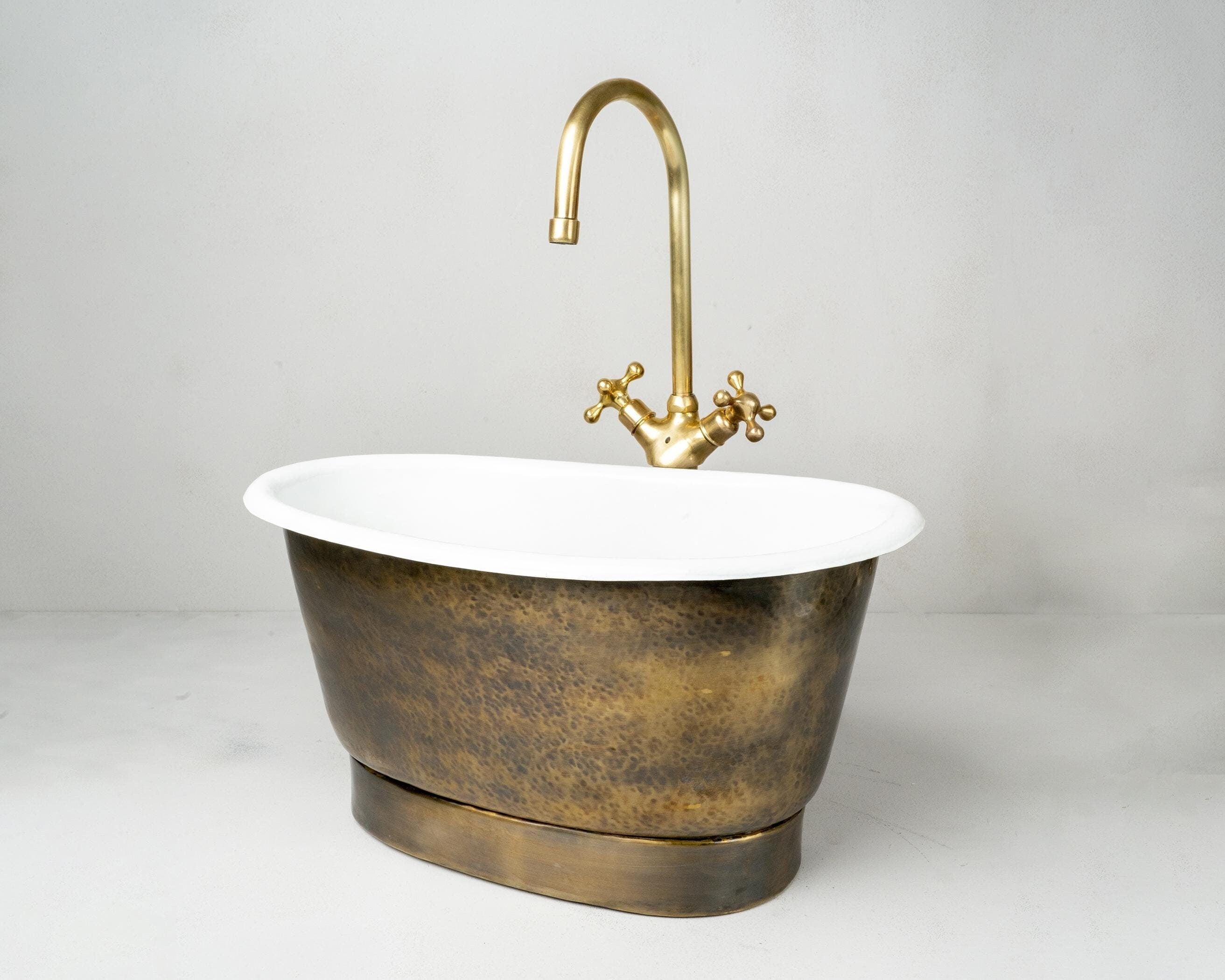 Freestanding Tub-Style Brass Vessel Sink, Hammered Single Bowl Sink